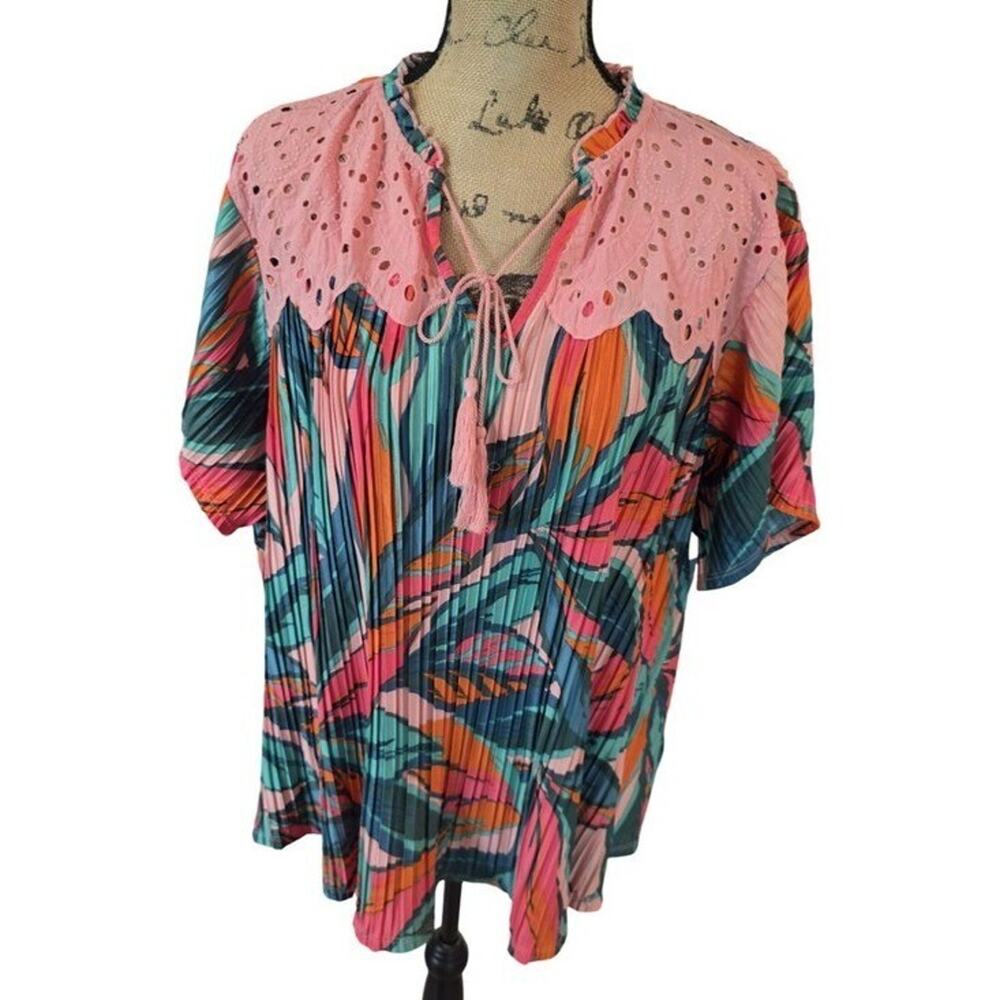 Rio & Rian Pink Eyelet-Collar Floral Pleated Women's Top Shirt Plus Size 2X New